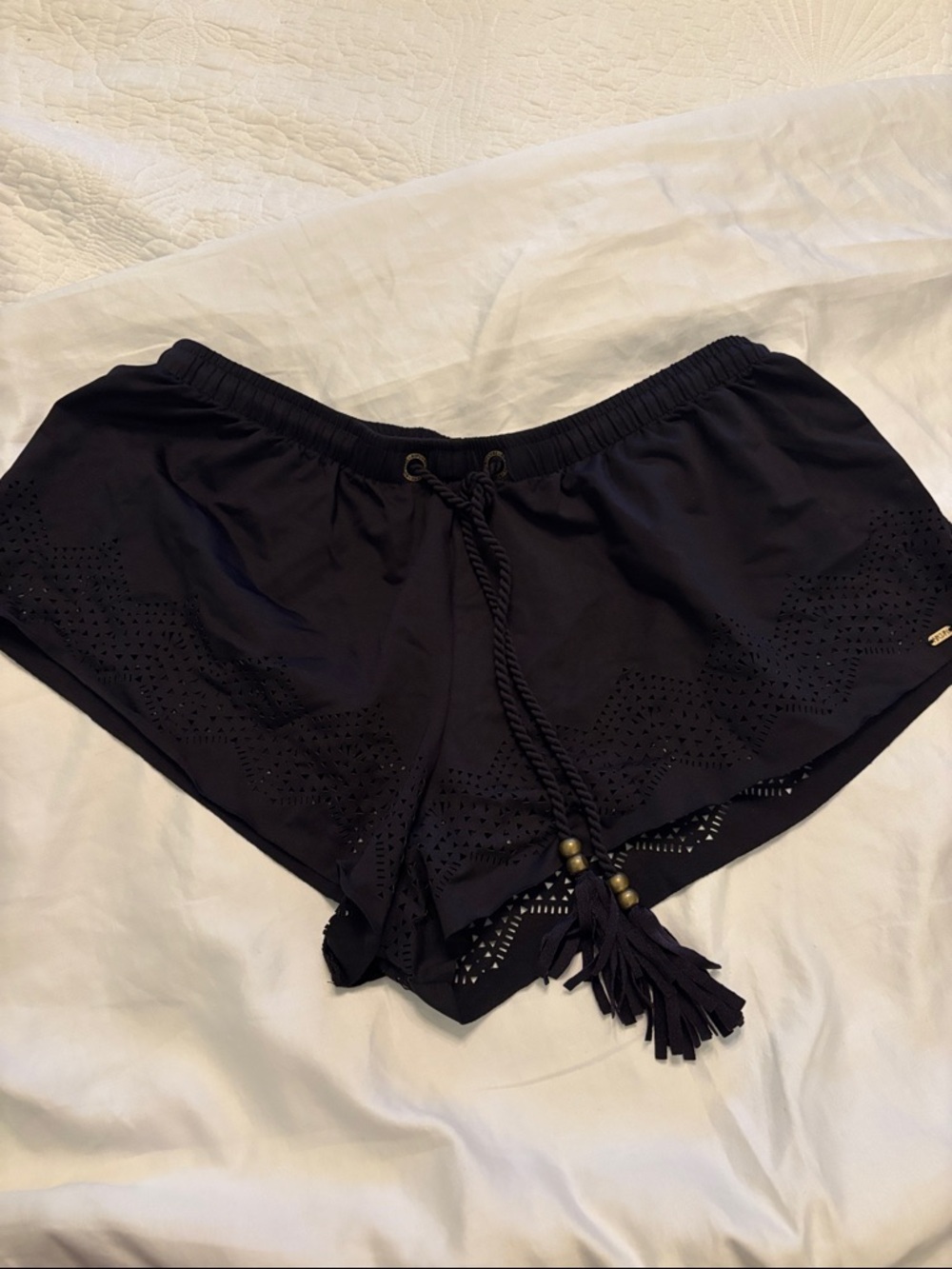 Rip Curl Black Laser-Cut Tassel Drawstring Athletic Shorts
